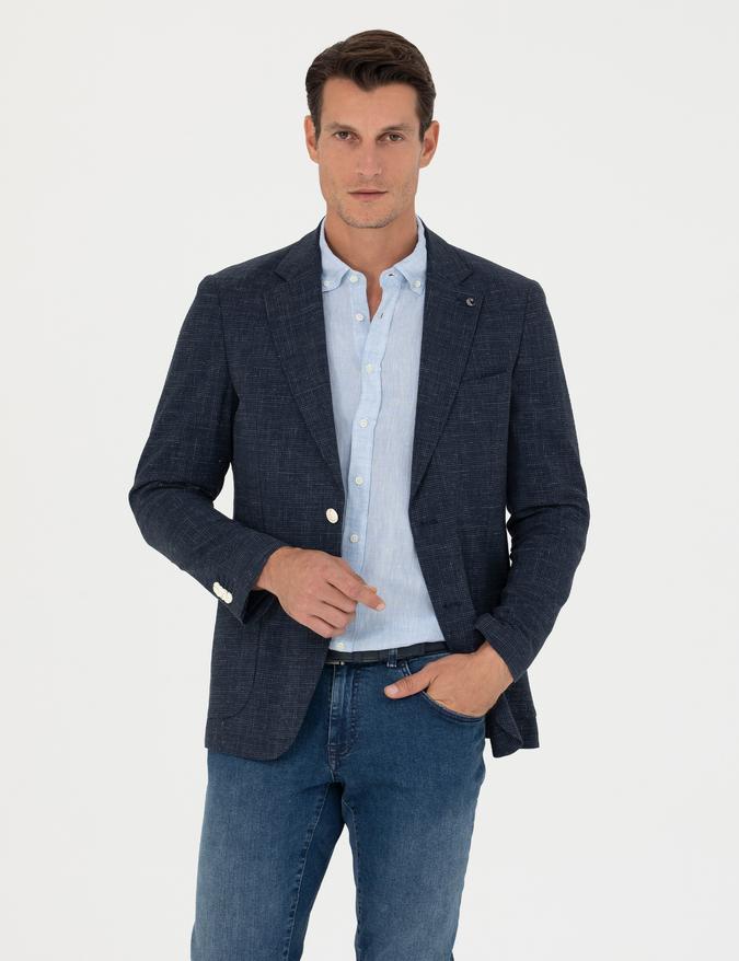 Lacivert Slim Fit Yün Keten Karışımlı Ceket