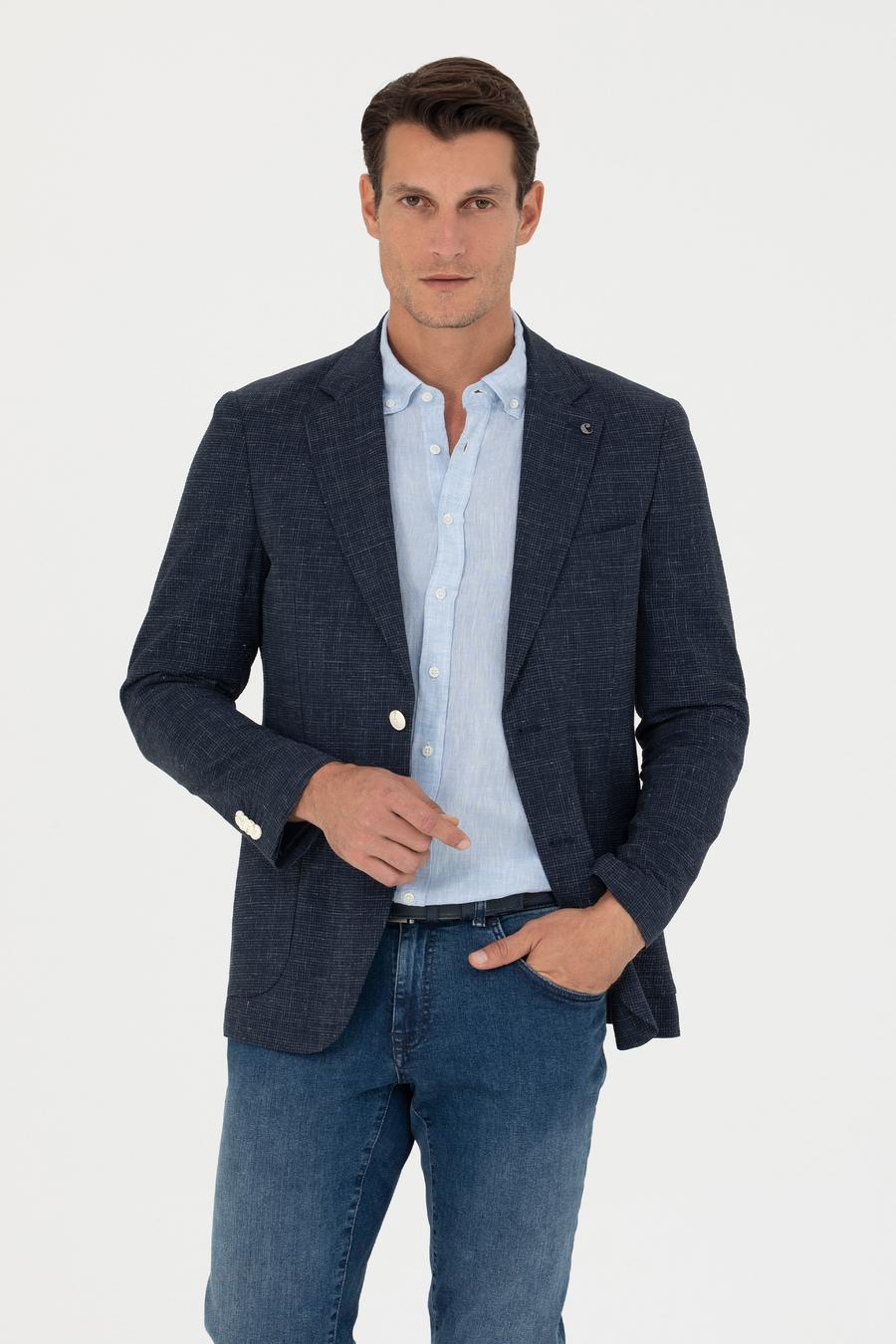 Lacivert Slim Fit Yün Keten Karışımlı Ceket - 50265209008
