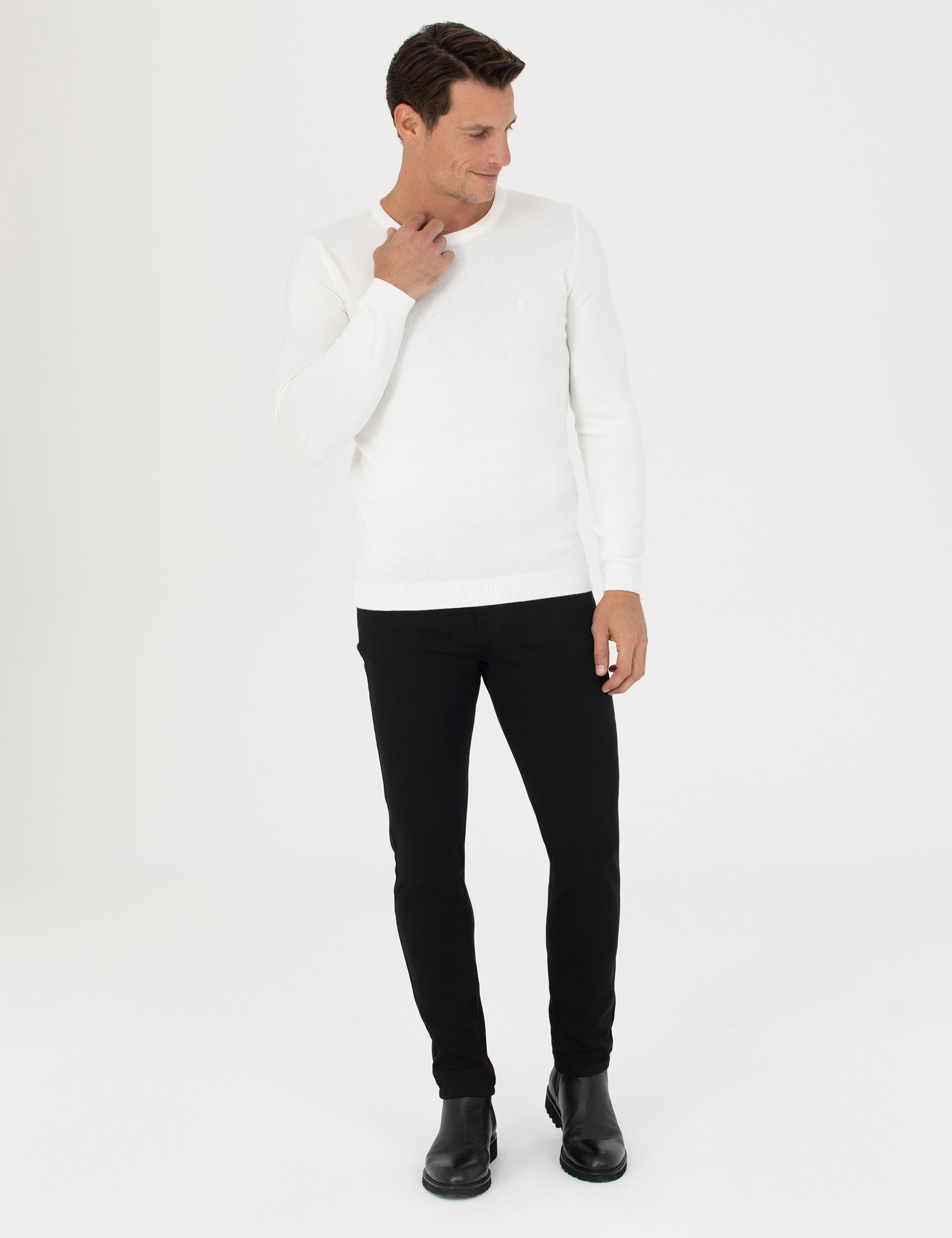 Beyaz Slim Fit Pamuk Karışımlı Bisiklet Yaka Triko Kazak - 50270175257