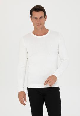 Beyaz Slim Fit Pamuk Karışımlı Bisiklet Yaka Triko Kazak