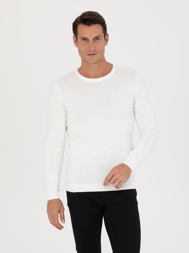 Beyaz Slim Fit Pamuk Karışımlı Bisiklet Yaka Triko Kazak