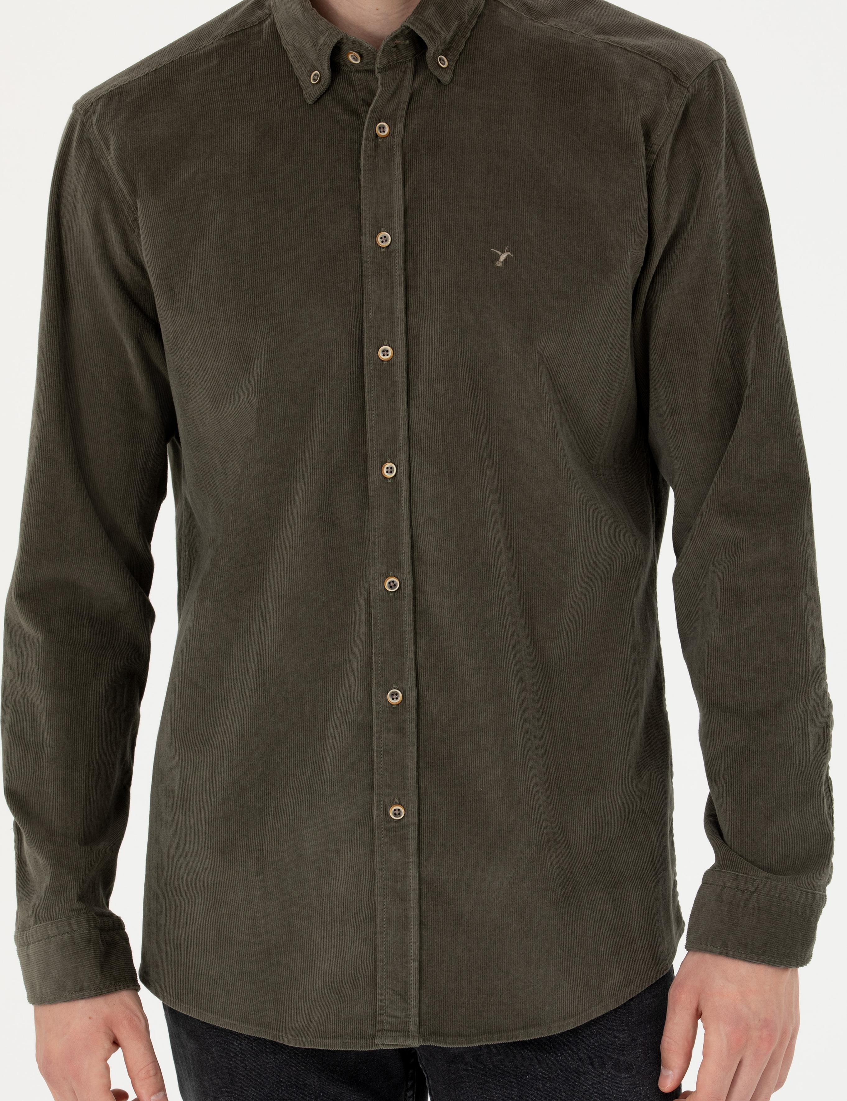 Haki Regular Fit Uzun Kollu Kadife Gömlek - 50278523109