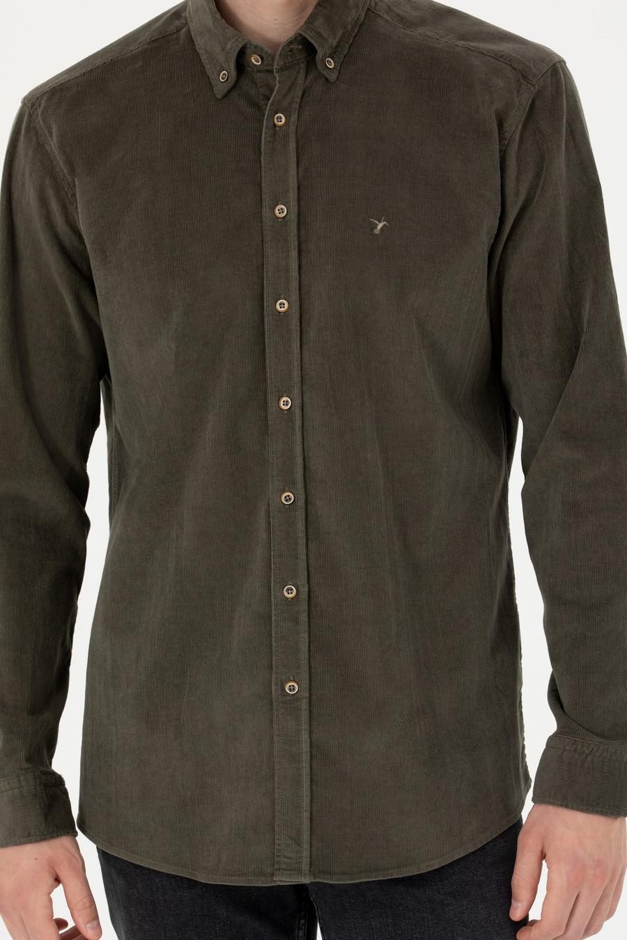 Haki Regular Fit Uzun Kollu Kadife Gömlek - 50278523109
