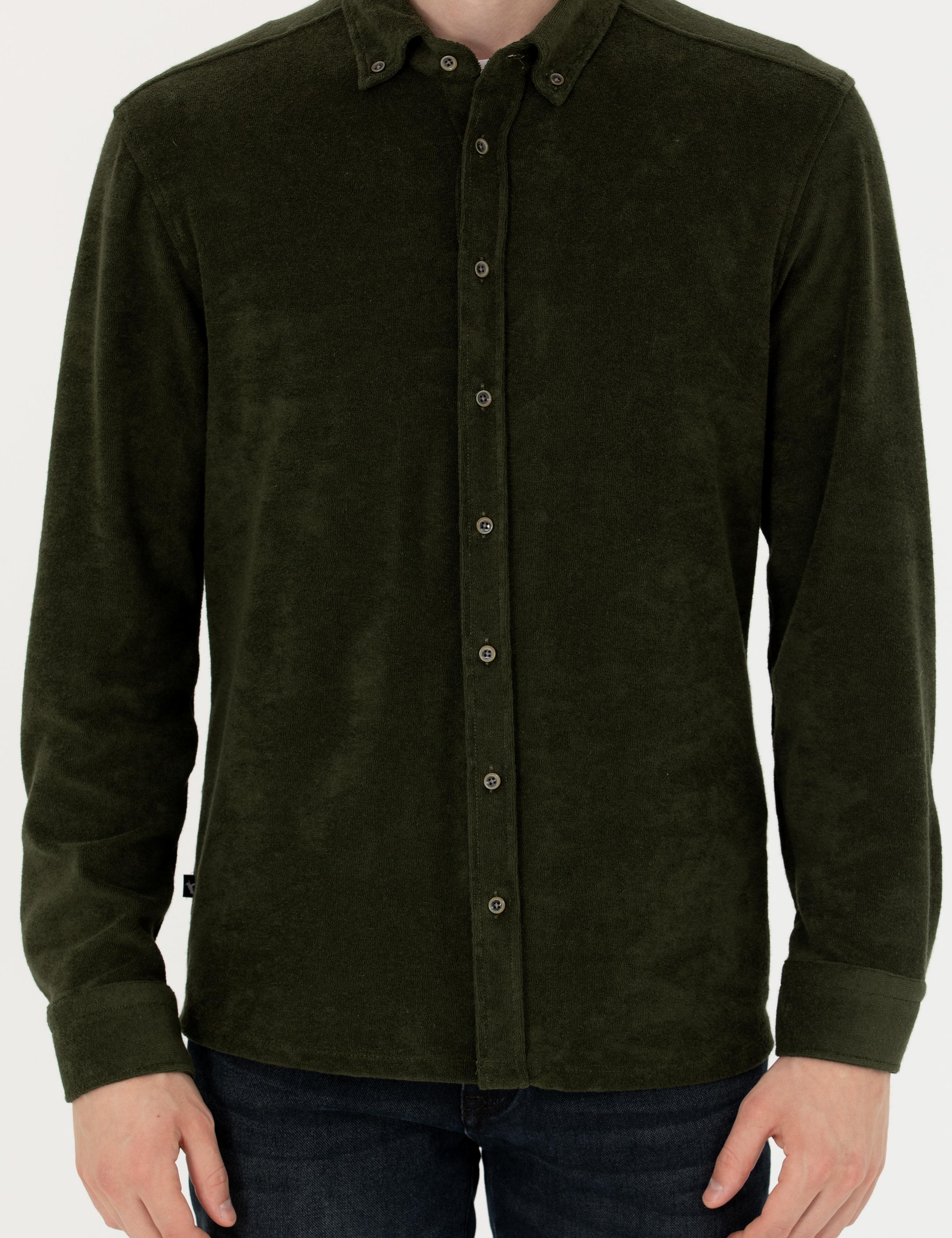 Haki Regular Fit Uzun Kollu Kadife Gömlek - 50276943009