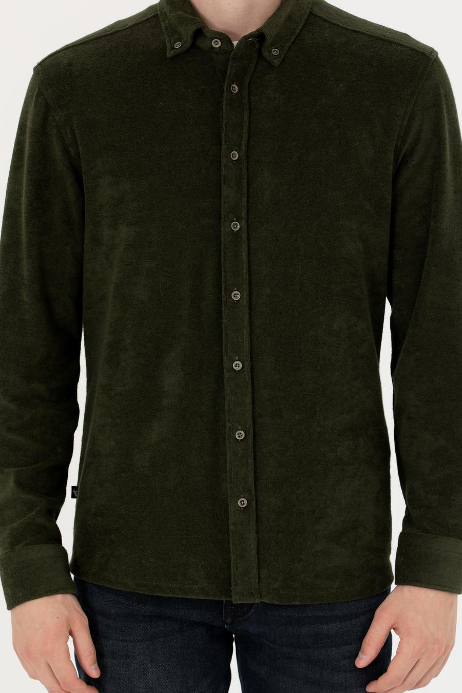 Haki Regular Fit Uzun Kollu Kadife Gömlek - 50276943009