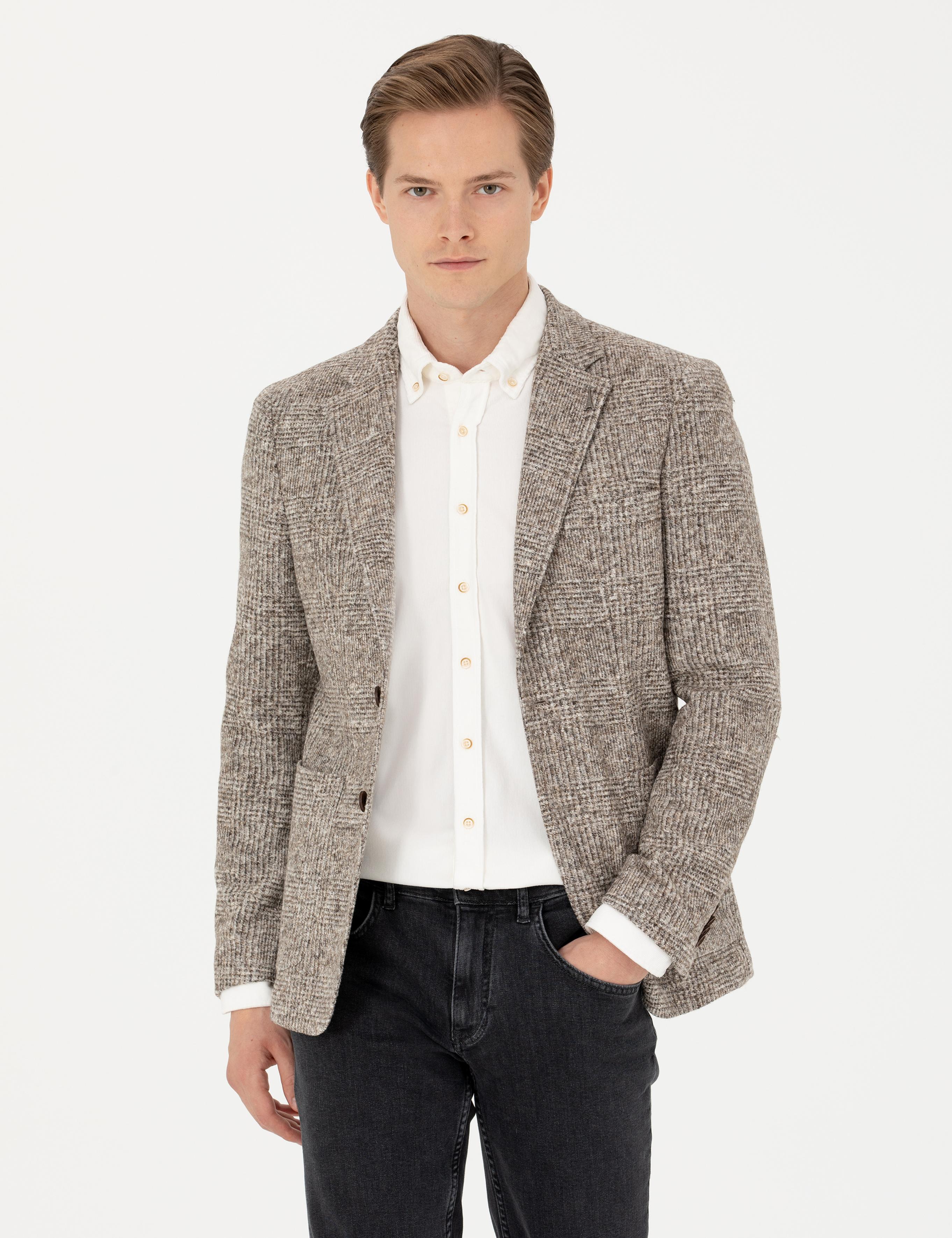 Bej Slim Fit Yün Karışımlı Ekose Ceket - 50272739005