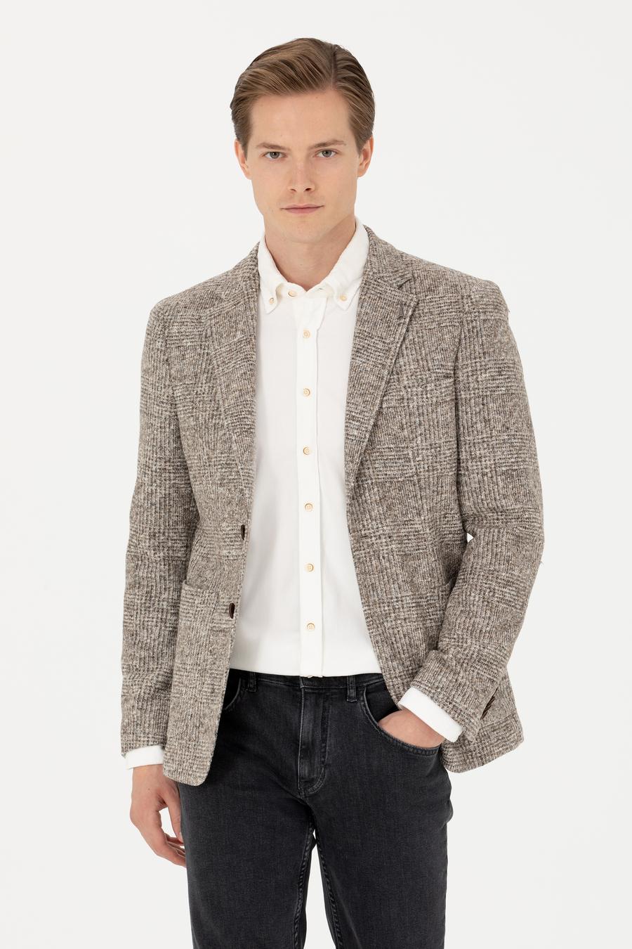 Bej Slim Fit Yün Karışımlı Ekose Ceket - 50272739005