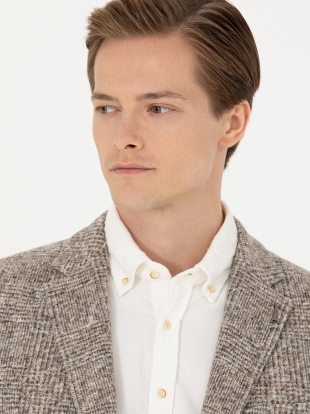 Bej Slim Fit Yün Karışımlı Ekose Ceket