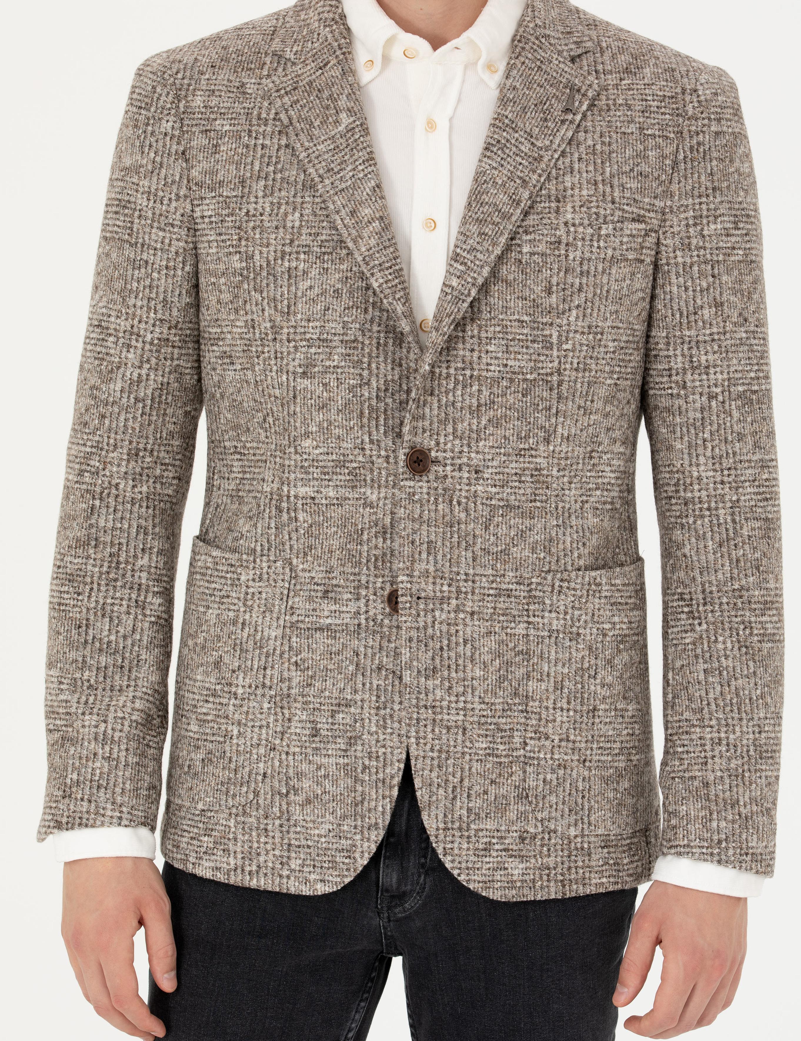 Bej Slim Fit Yün Karışımlı Ekose Ceket - 50272739005