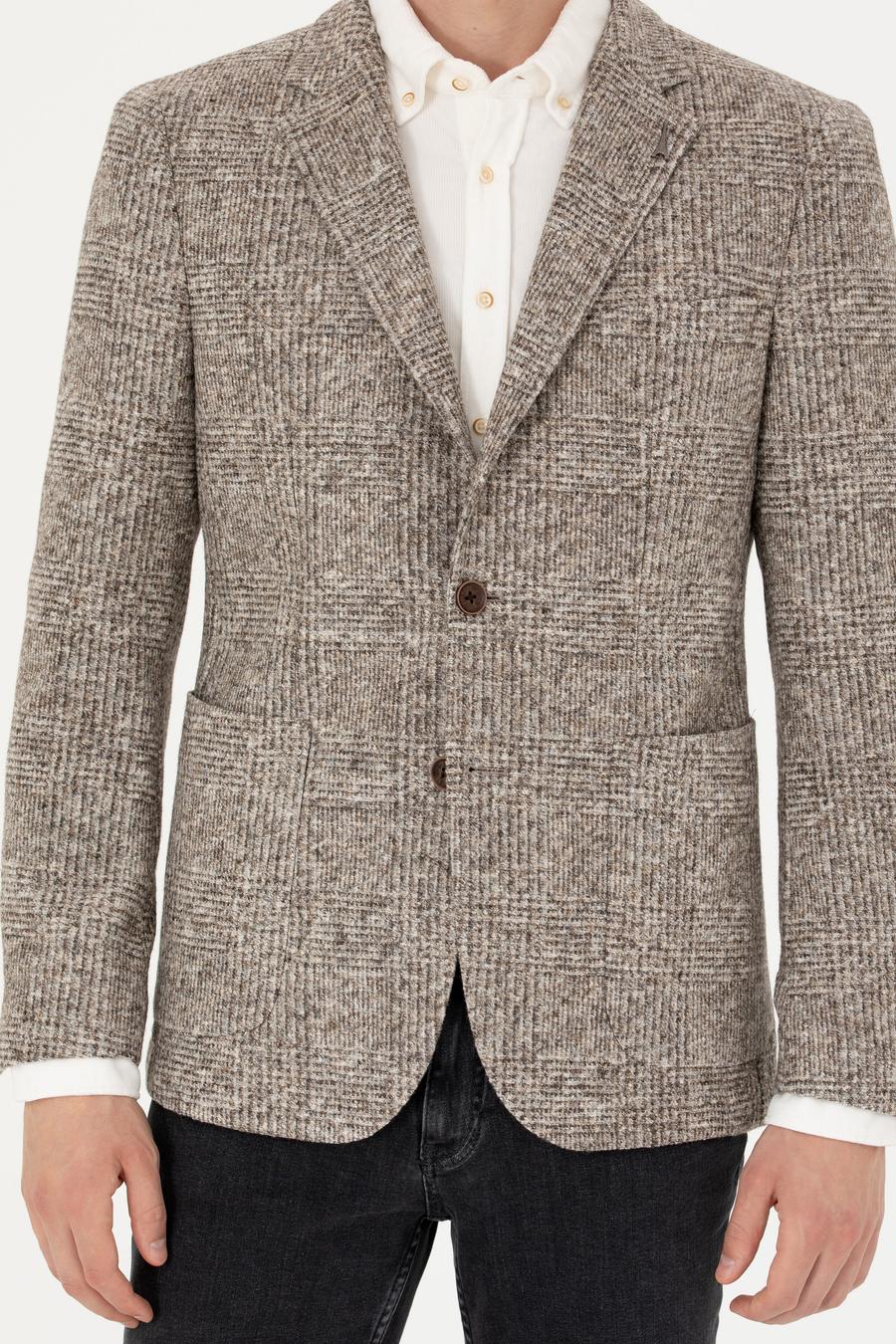 Bej Slim Fit Yün Karışımlı Ekose Ceket - 50272739005