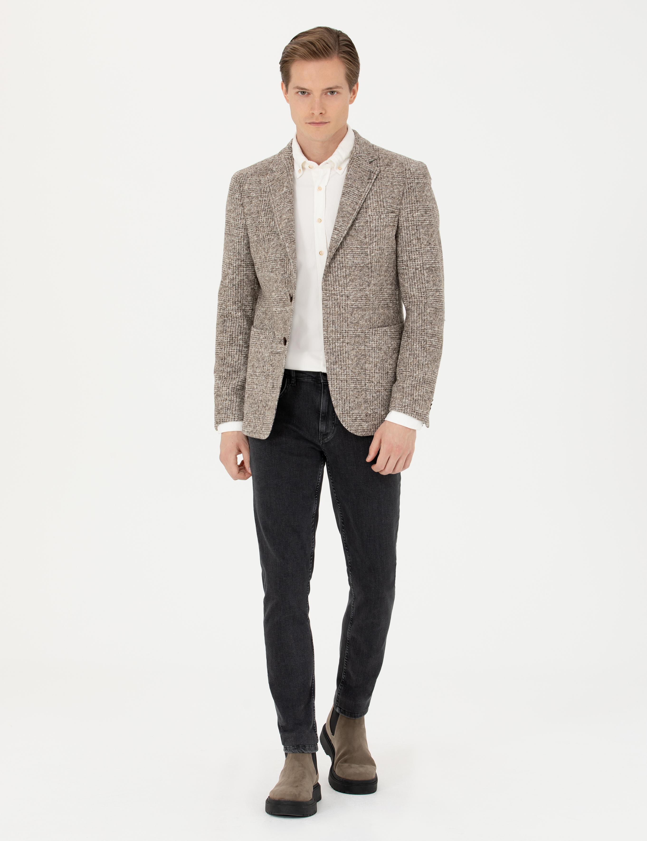 Bej Slim Fit Yün Karışımlı Ekose Ceket - 50272739005
