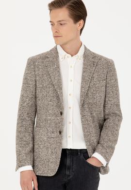Bej Slim Fit Yün Karışımlı Ekose Ceket