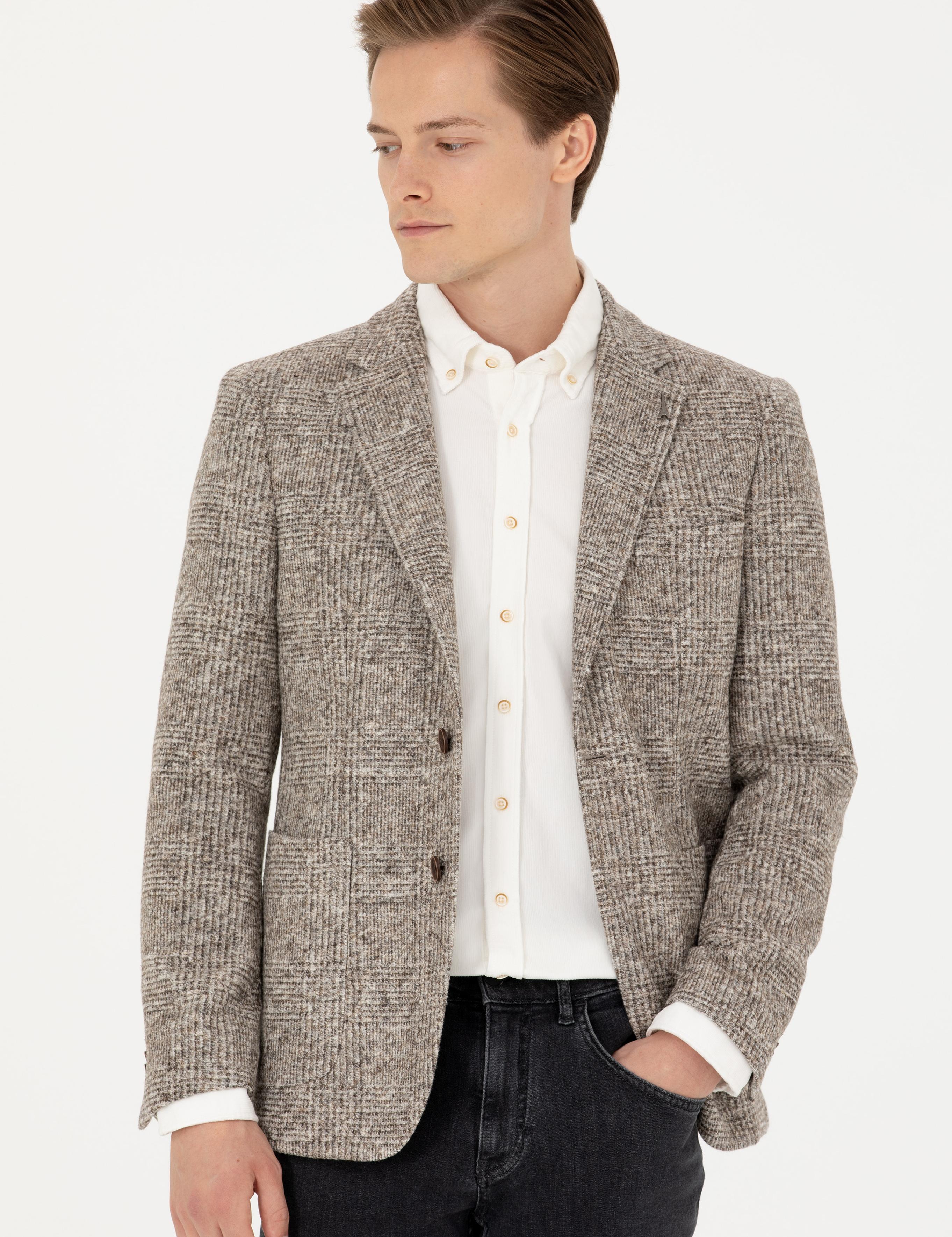 Bej Slim Fit Yün Karışımlı Ekose Ceket - 50272739005