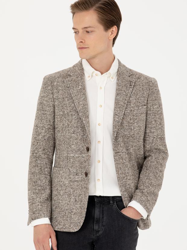 Bej Slim Fit Yün Karışımlı Ekose Ceket