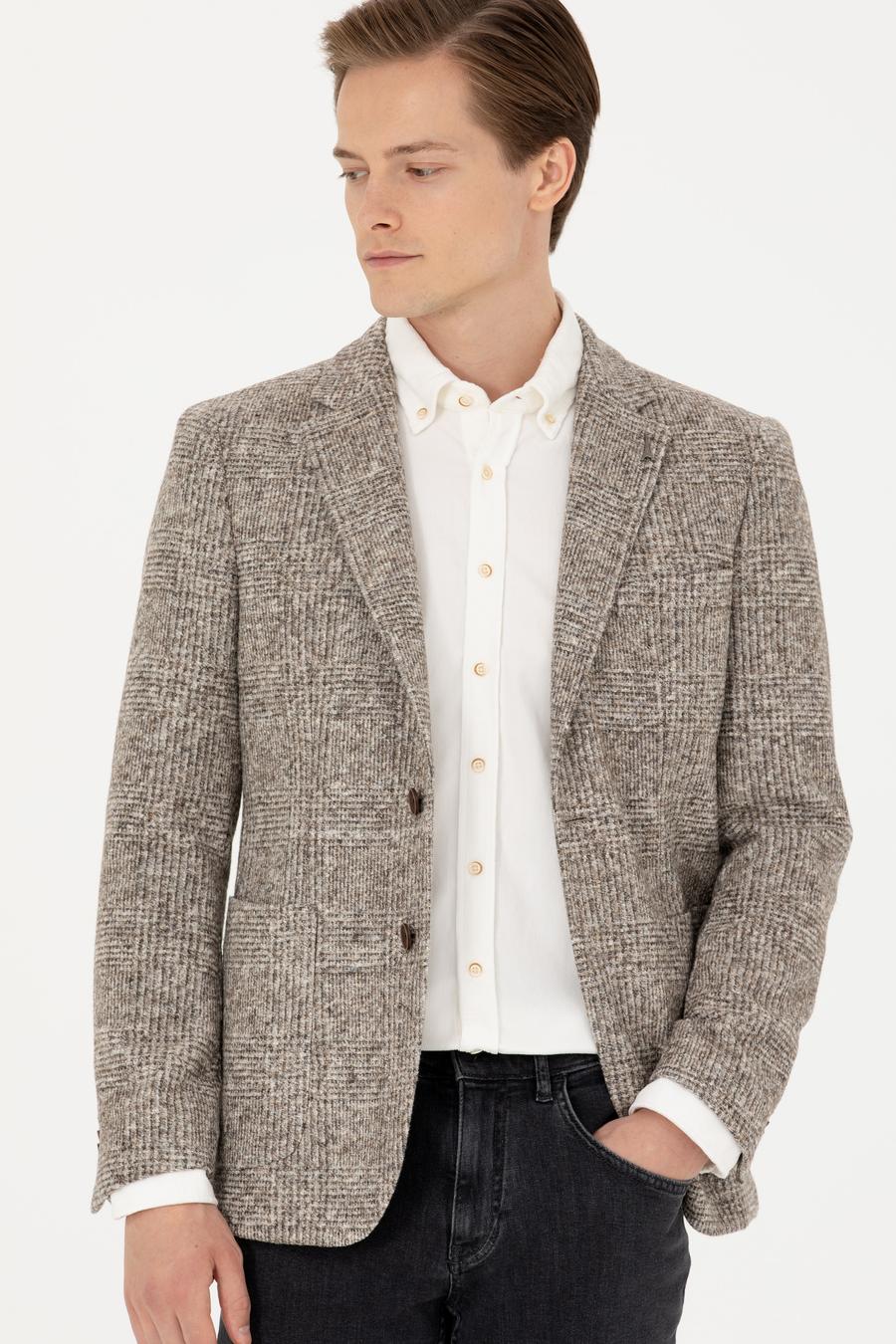 Bej Slim Fit Yün Karışımlı Ekose Ceket - 50272739005