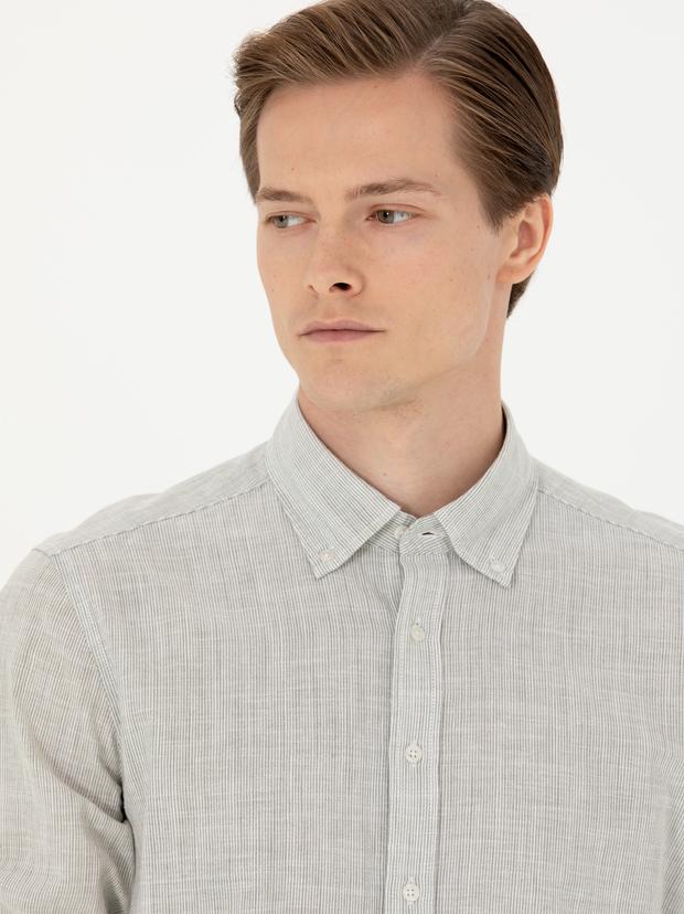 Haki Slim Fit %100 Pamuk Çizgili Gömlek