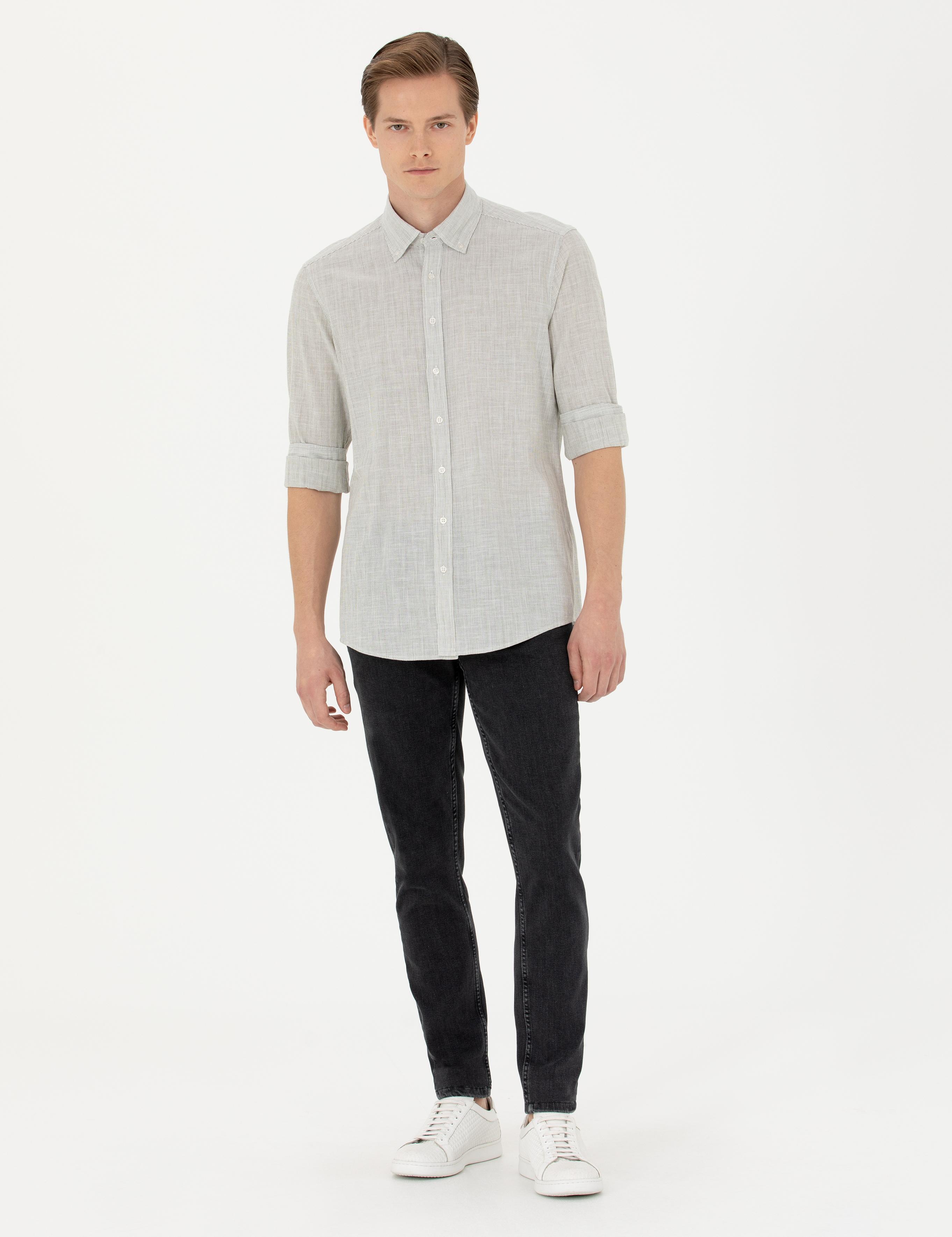 Haki Slim Fit %100 Pamuk Çizgili Gömlek - 50253923060