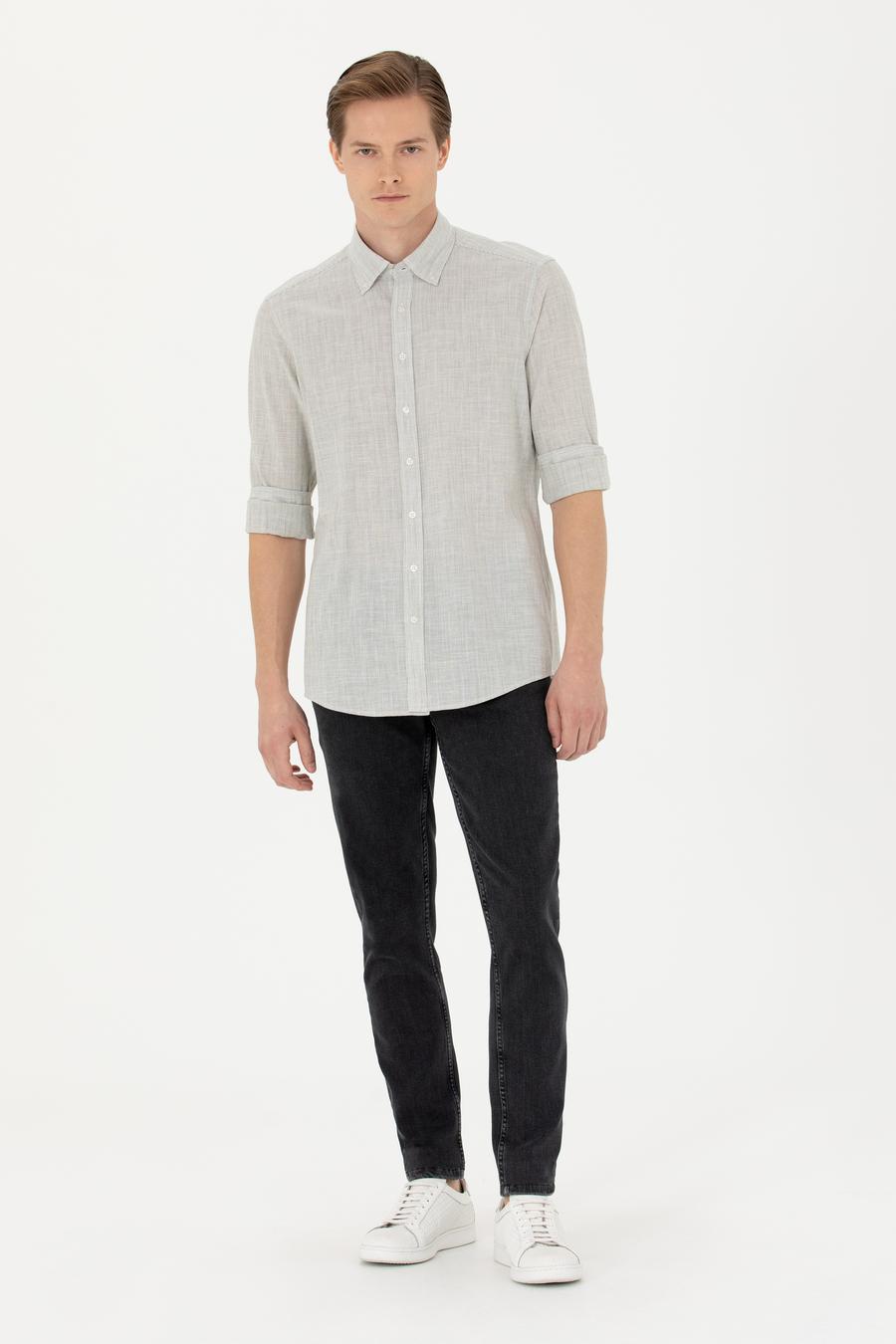 Haki Slim Fit %100 Pamuk Çizgili Gömlek - 50253923060