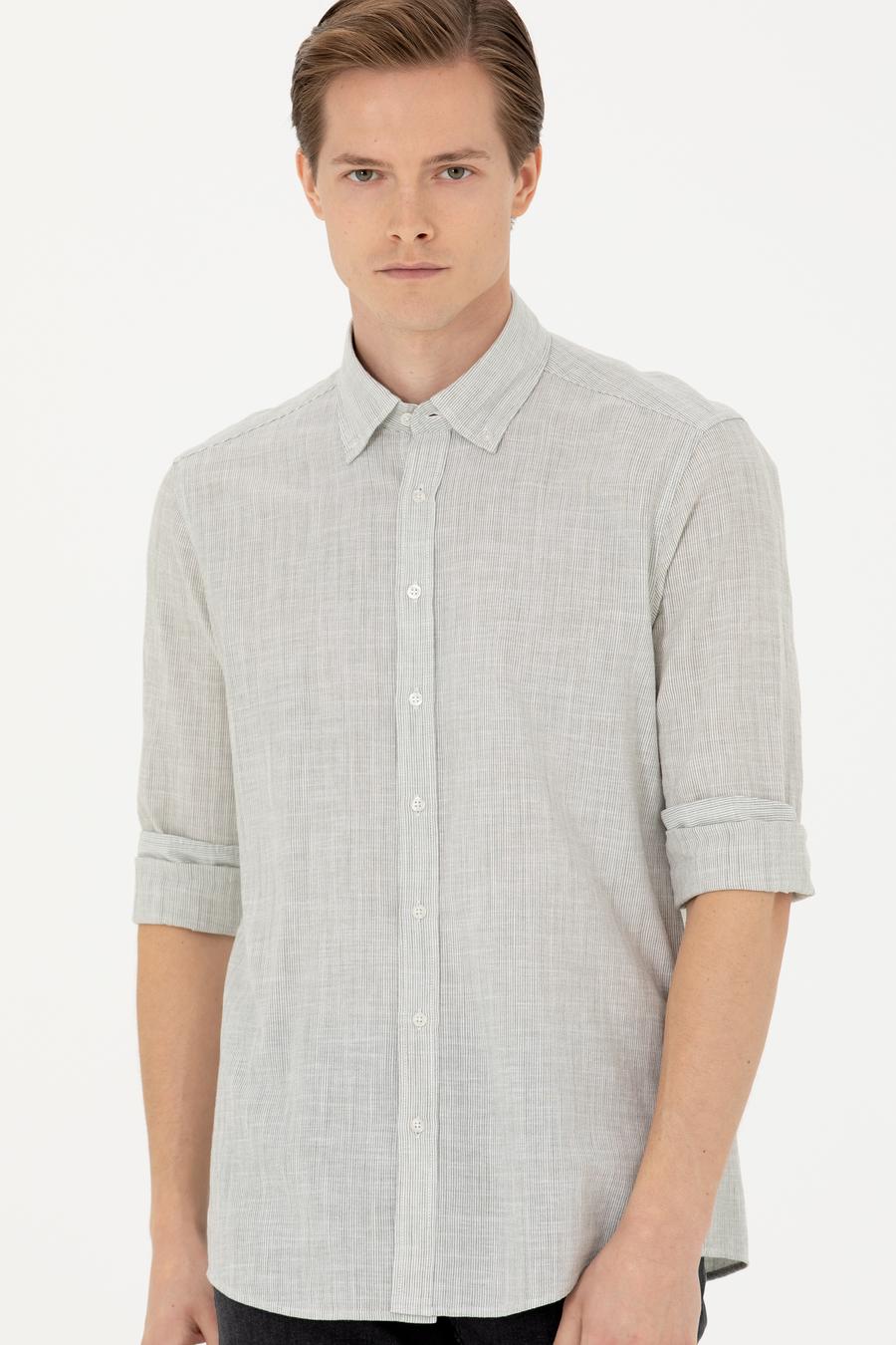 Haki Slim Fit %100 Pamuk Çizgili Gömlek - 50253923060