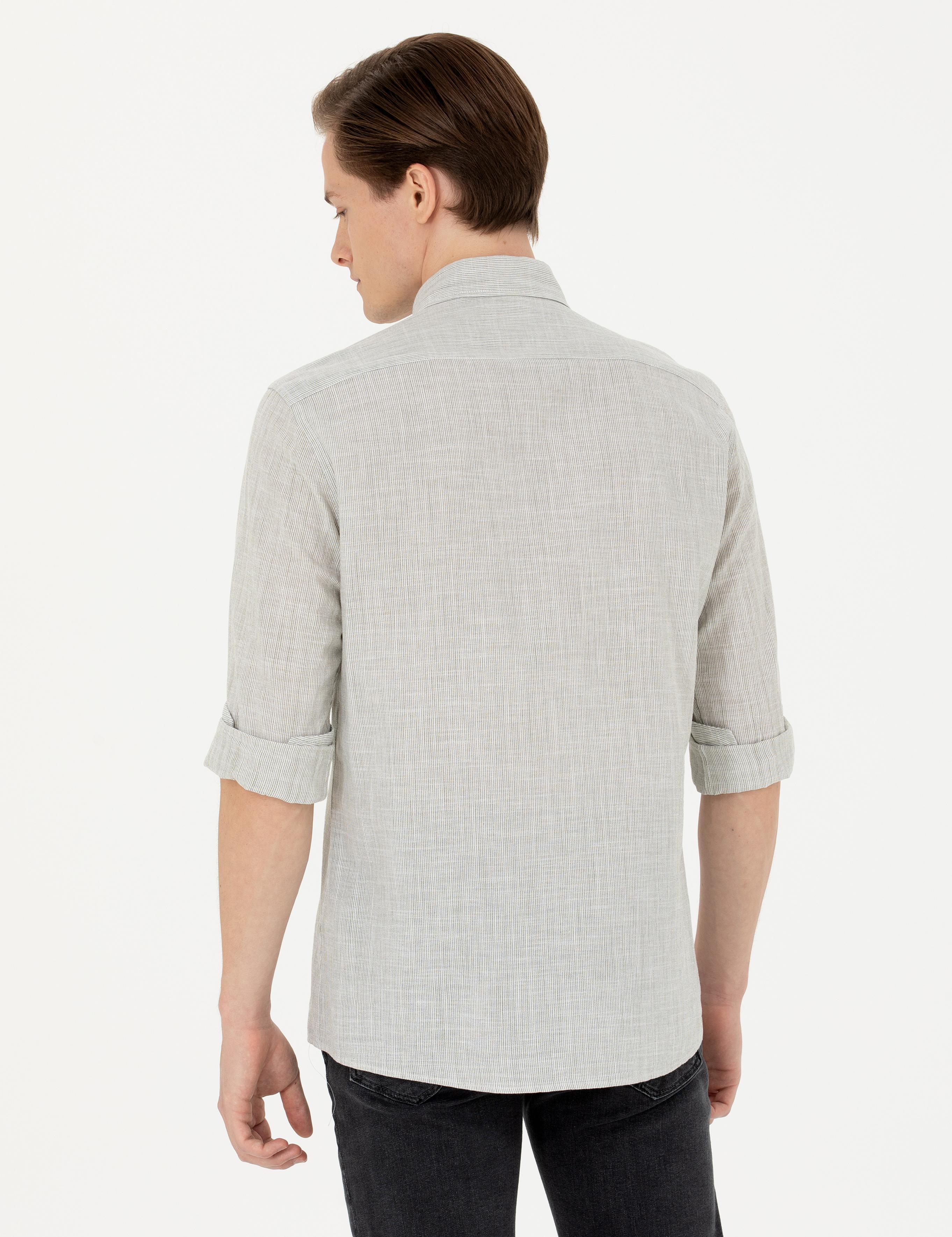 Haki Slim Fit %100 Pamuk Çizgili Gömlek - 50253923060