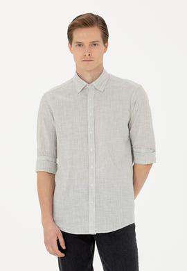 Haki Slim Fit %100 Pamuk Çizgili Gömlek