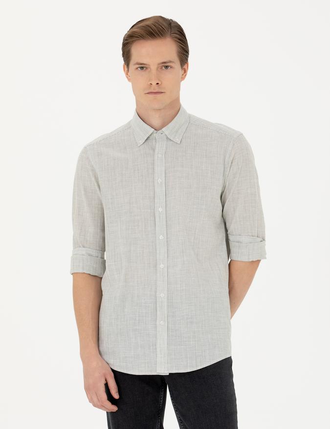 Haki Slim Fit %100 Pamuk Çizgili Gömlek