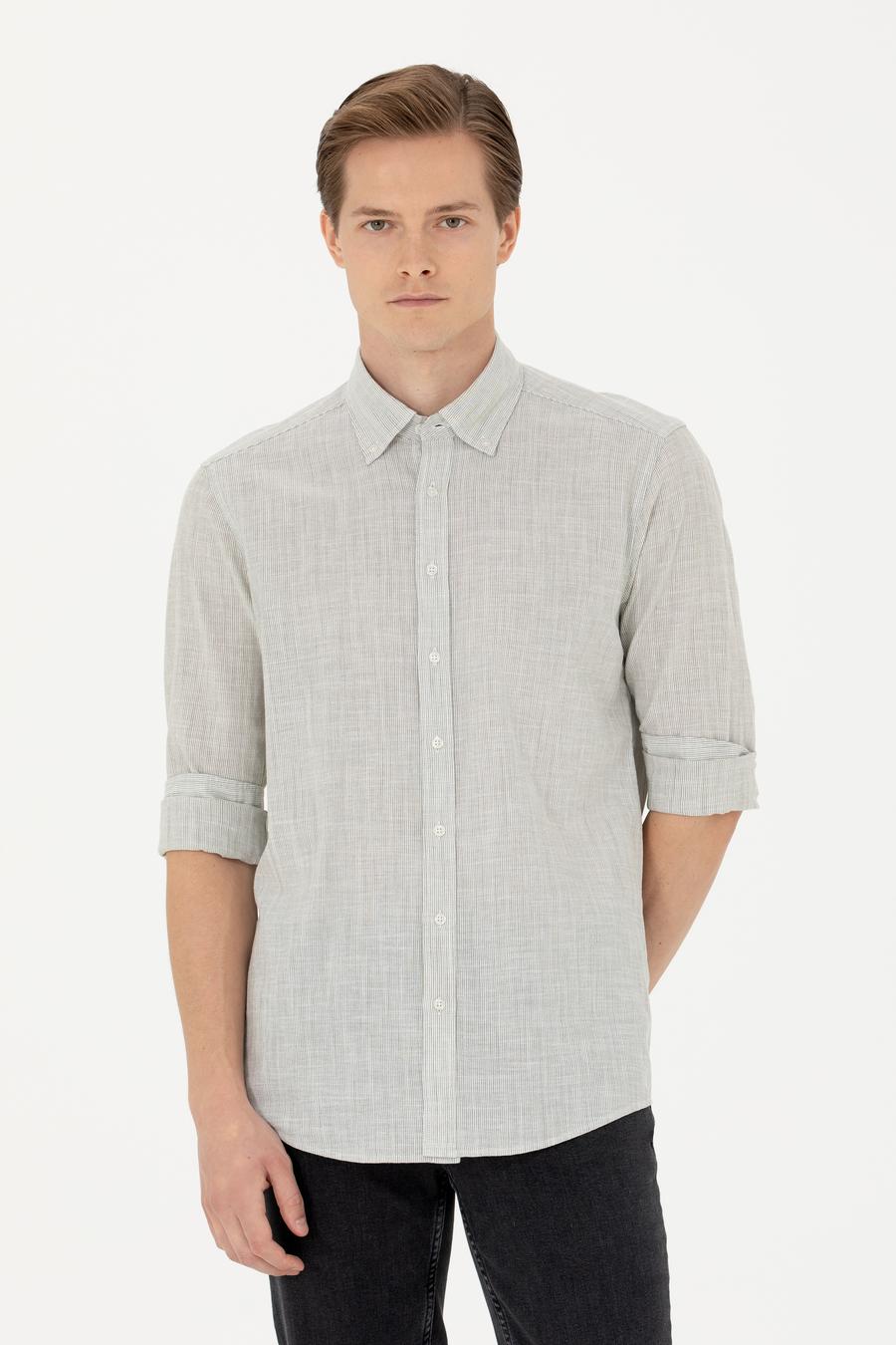 Haki Slim Fit %100 Pamuk Çizgili Gömlek - 50253923060
