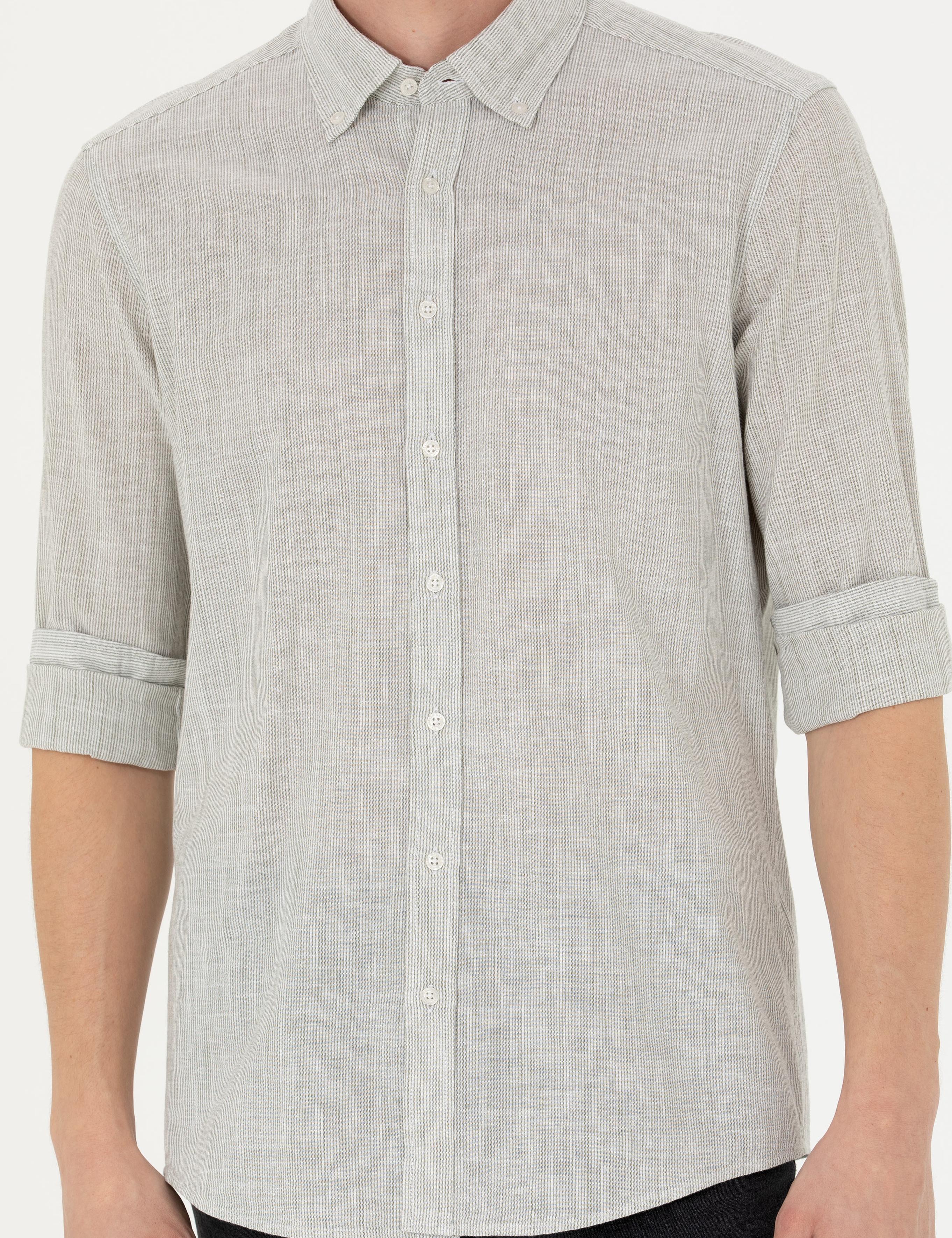 Haki Slim Fit %100 Pamuk Çizgili Gömlek - 50253923060