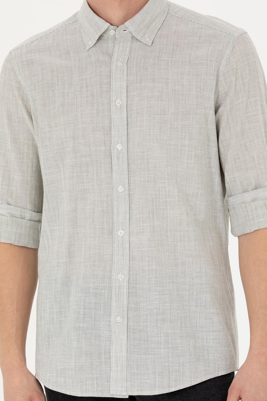 Haki Slim Fit %100 Pamuk Çizgili Gömlek - 50253923060