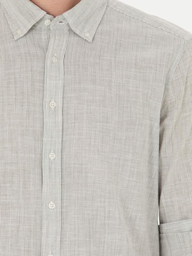 Haki Slim Fit %100 Pamuk Çizgili Gömlek