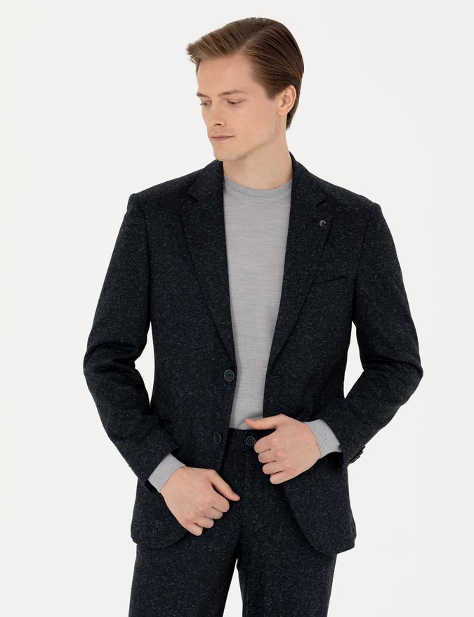 Lacivert Slim Fit Yün Karışımlı Klasik Ceket