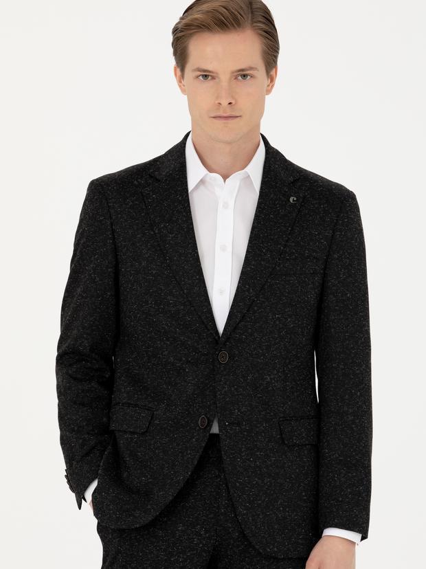 Siyah Slim Fit Yün Karışımlı Klasik Ceket