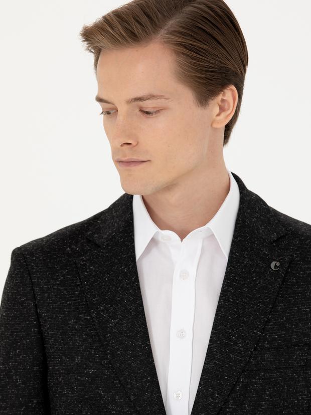Siyah Slim Fit Yün Karışımlı Klasik Ceket