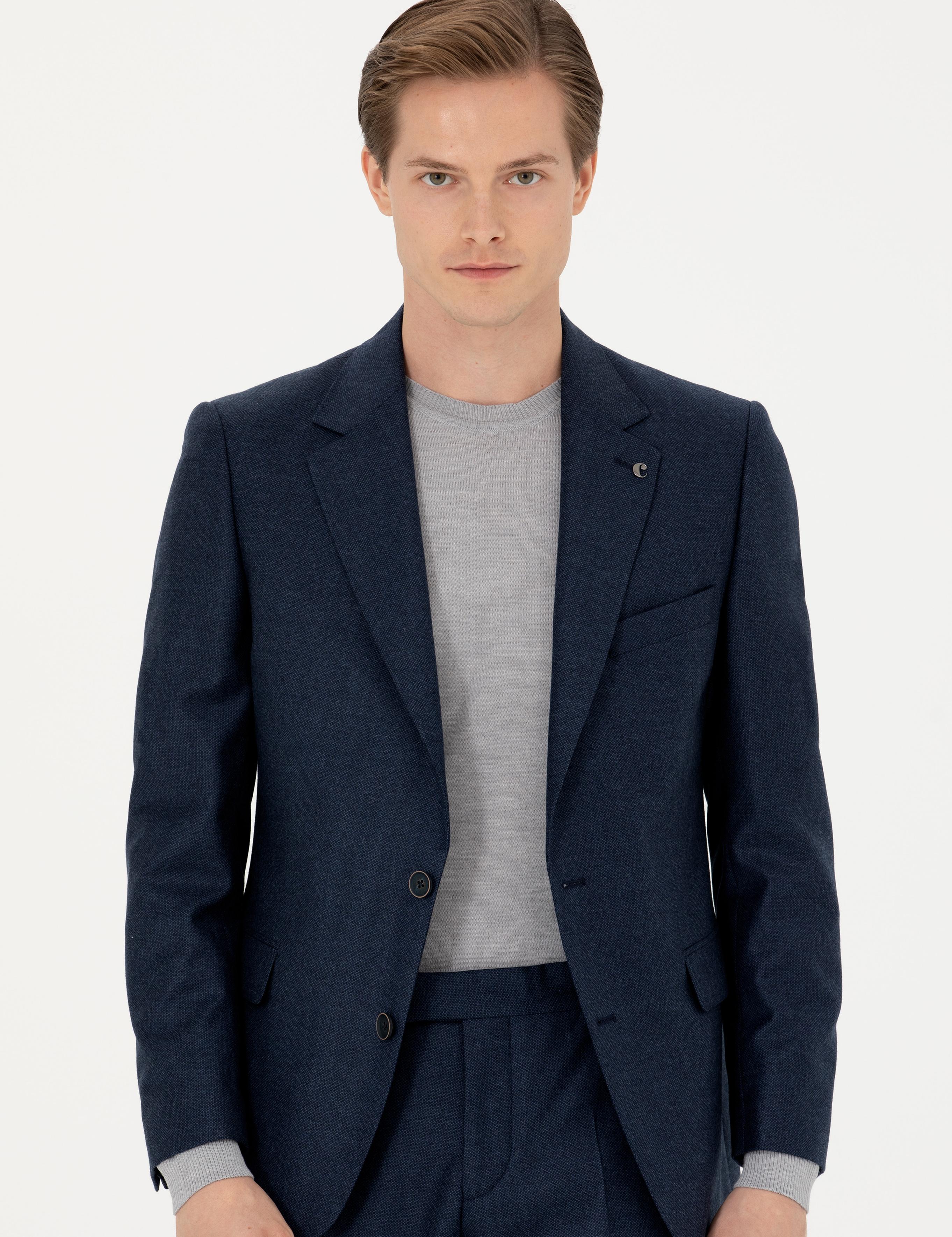 Lacivert Slim Fit %100 Yün Mikro Desenli Takım Elbise - 50277977026