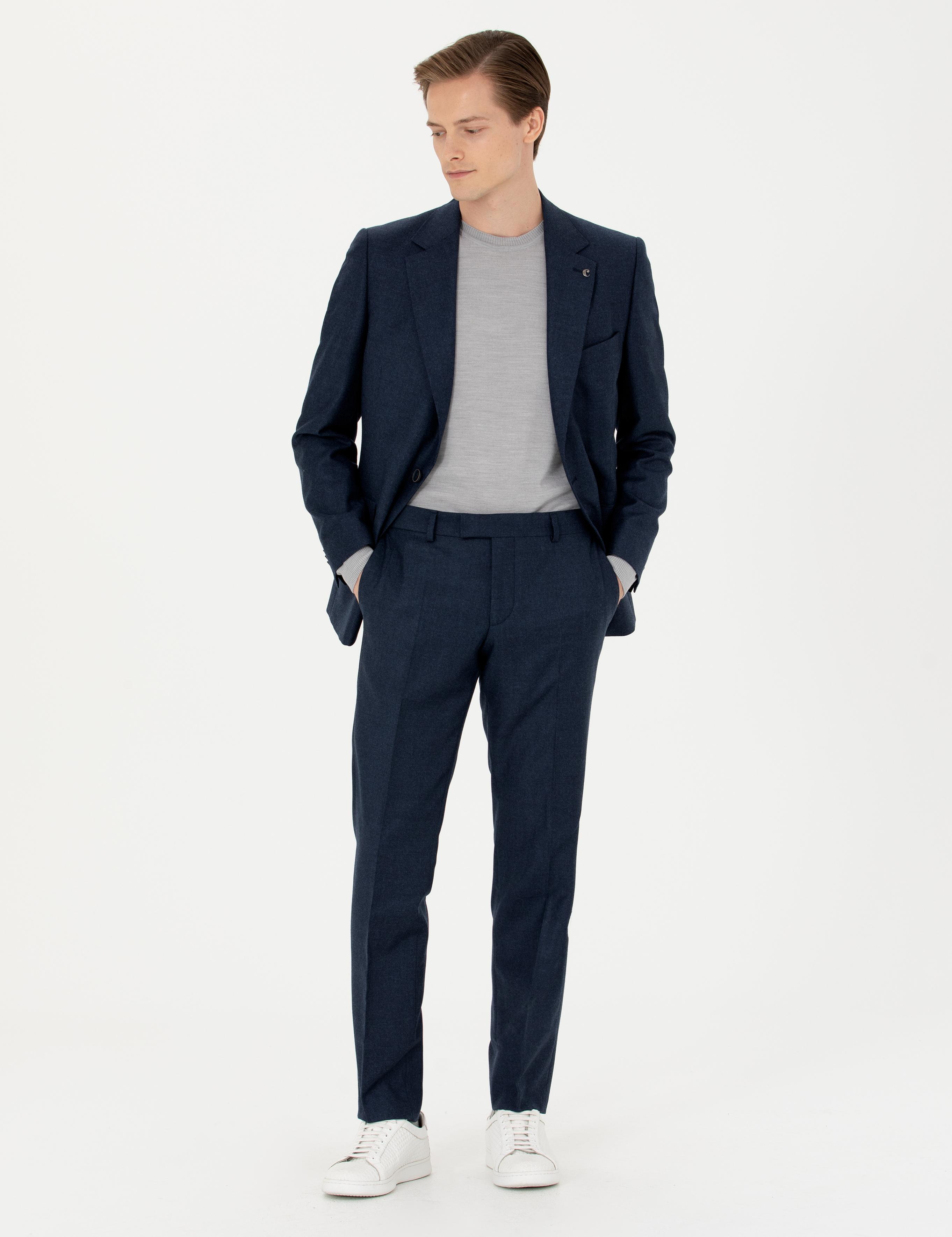 Lacivert Slim Fit %100 Yün Mikro Desenli Takım Elbise - 50277977026