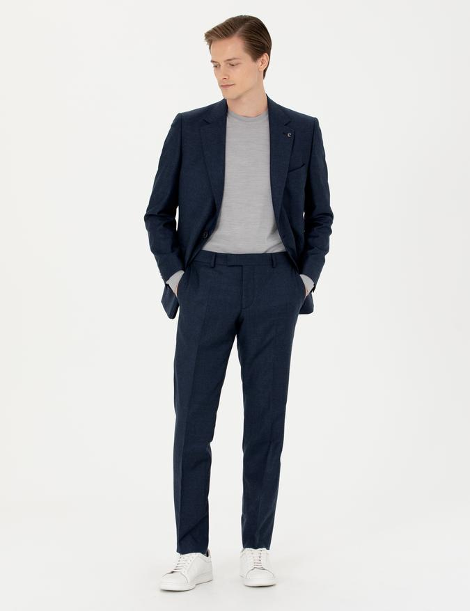 Lacivert Slim Fit %100 Yün Mikro Desenli Takım Elbise