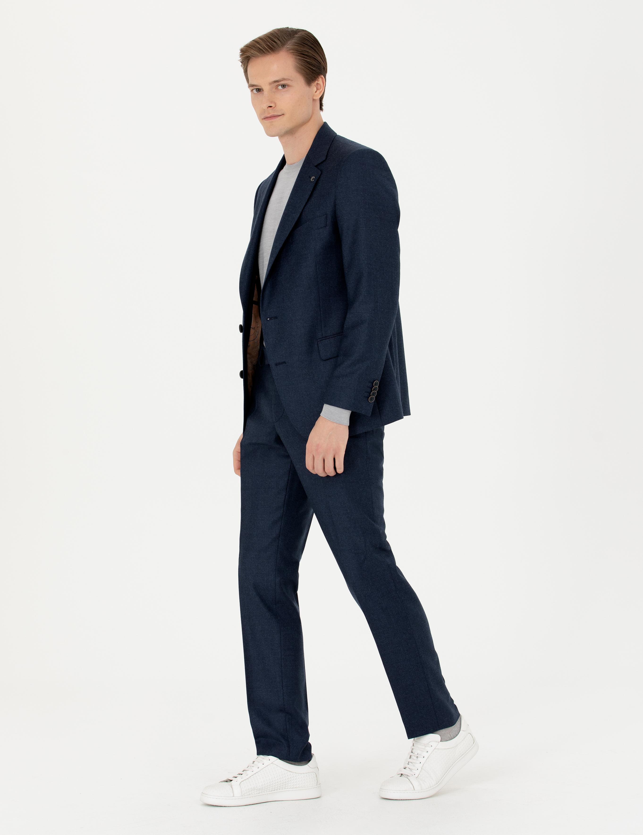 Lacivert Slim Fit %100 Yün Mikro Desenli Takım Elbise - 50277977026