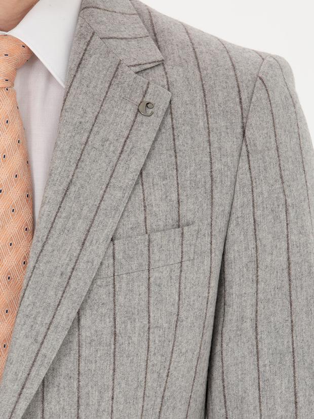 Açık Gri Slim Fit Yün Kaşmir Karışımlı Çizgili Takım Elbise