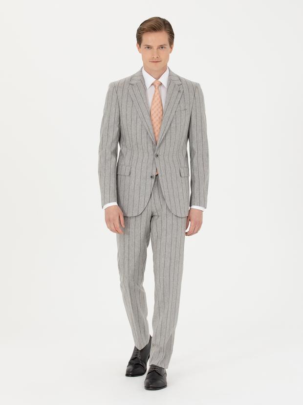 Açık Gri Slim Fit Yün Kaşmir Karışımlı Çizgili Takım Elbise