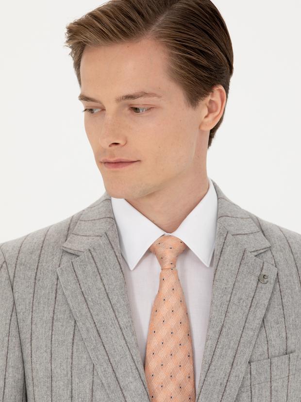 Açık Gri Slim Fit Yün Kaşmir Karışımlı Çizgili Takım Elbise