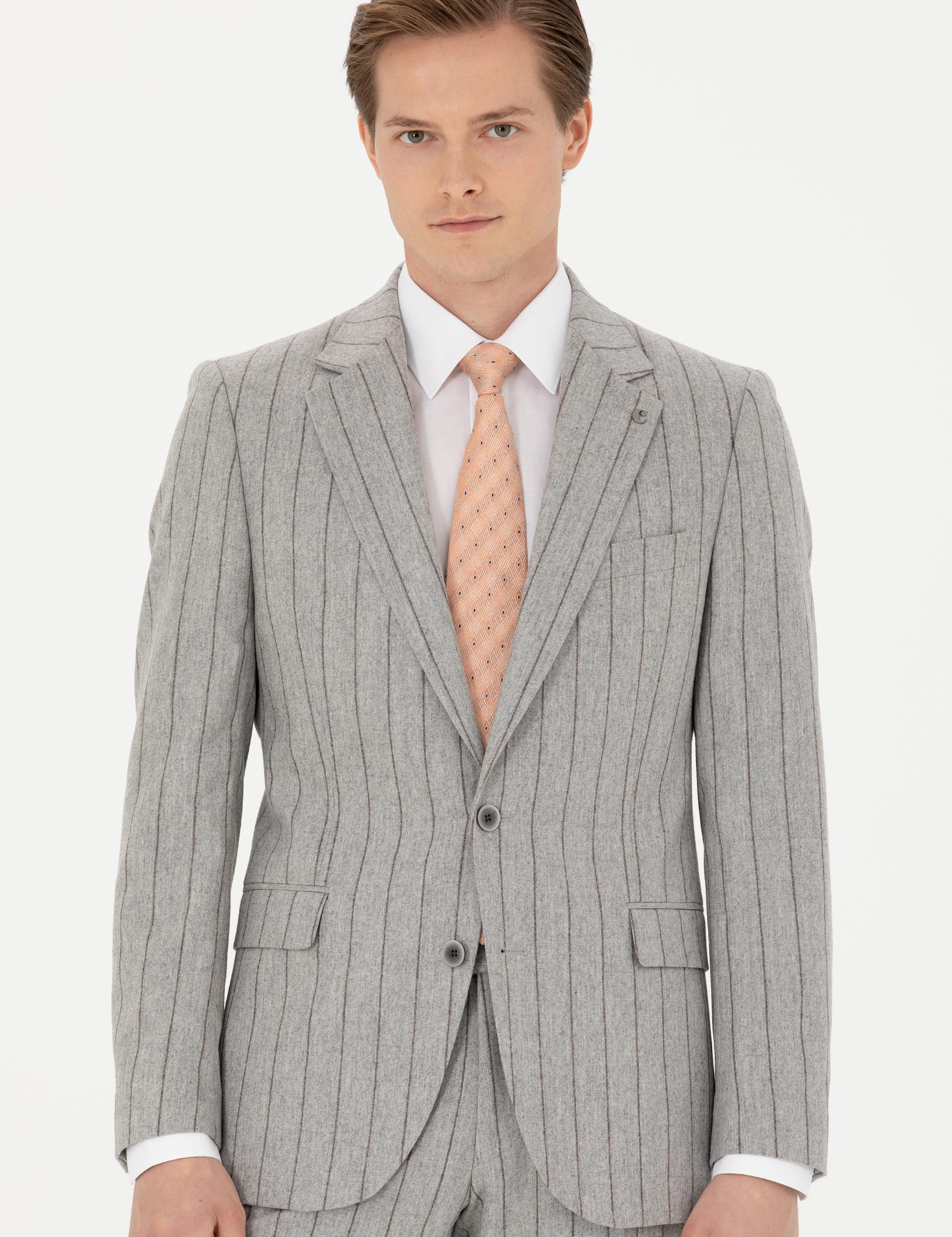 Açık Gri Slim Fit Yün Kaşmir Karışımlı Çizgili Takım Elbise - 50272578038