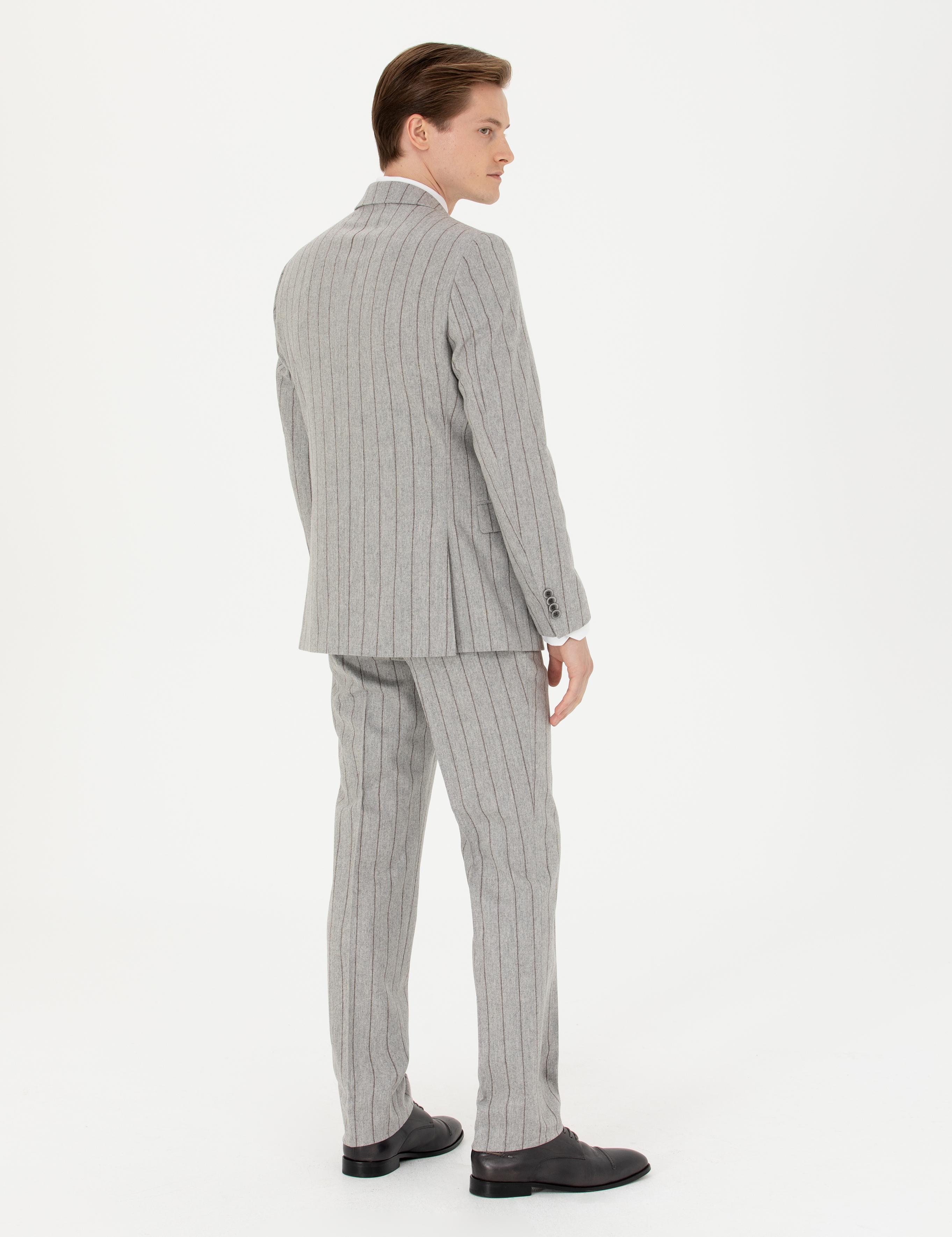 Açık Gri Slim Fit Yün Kaşmir Karışımlı Çizgili Takım Elbise - 50272578038