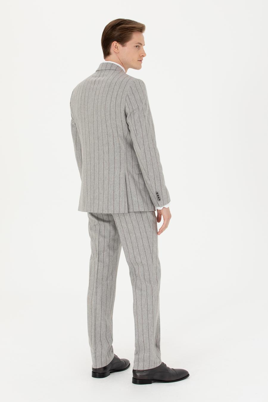 Açık Gri Slim Fit Yün Kaşmir Karışımlı Çizgili Takım Elbise - 50272578038