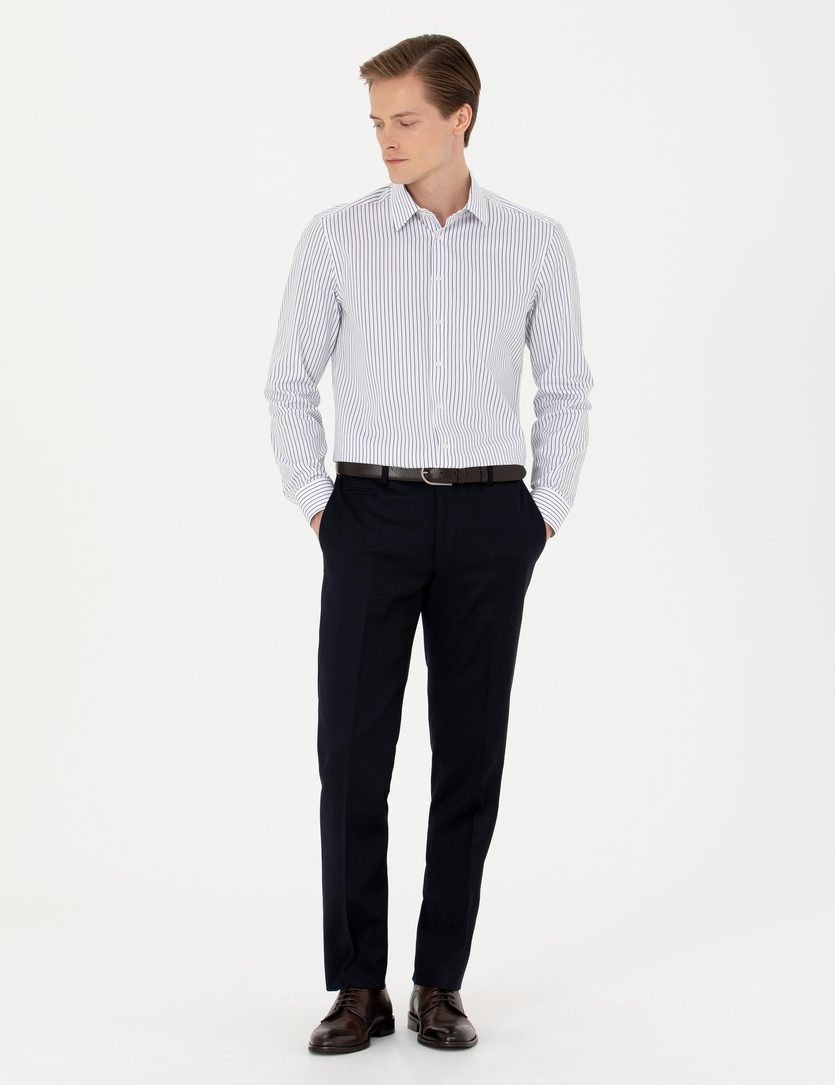 Lacivert Slim Fit Uzun Kollu Çizgili Gömlek - 50272947132