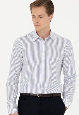 Lacivert Slim Fit Uzun Kollu Çizgili Gömlek