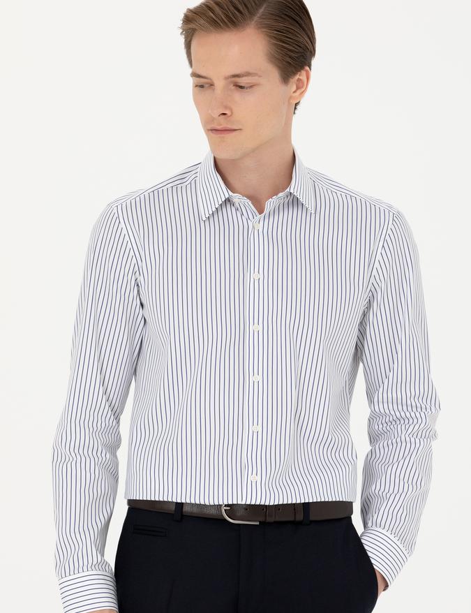 Lacivert Slim Fit Uzun Kollu Çizgili Gömlek