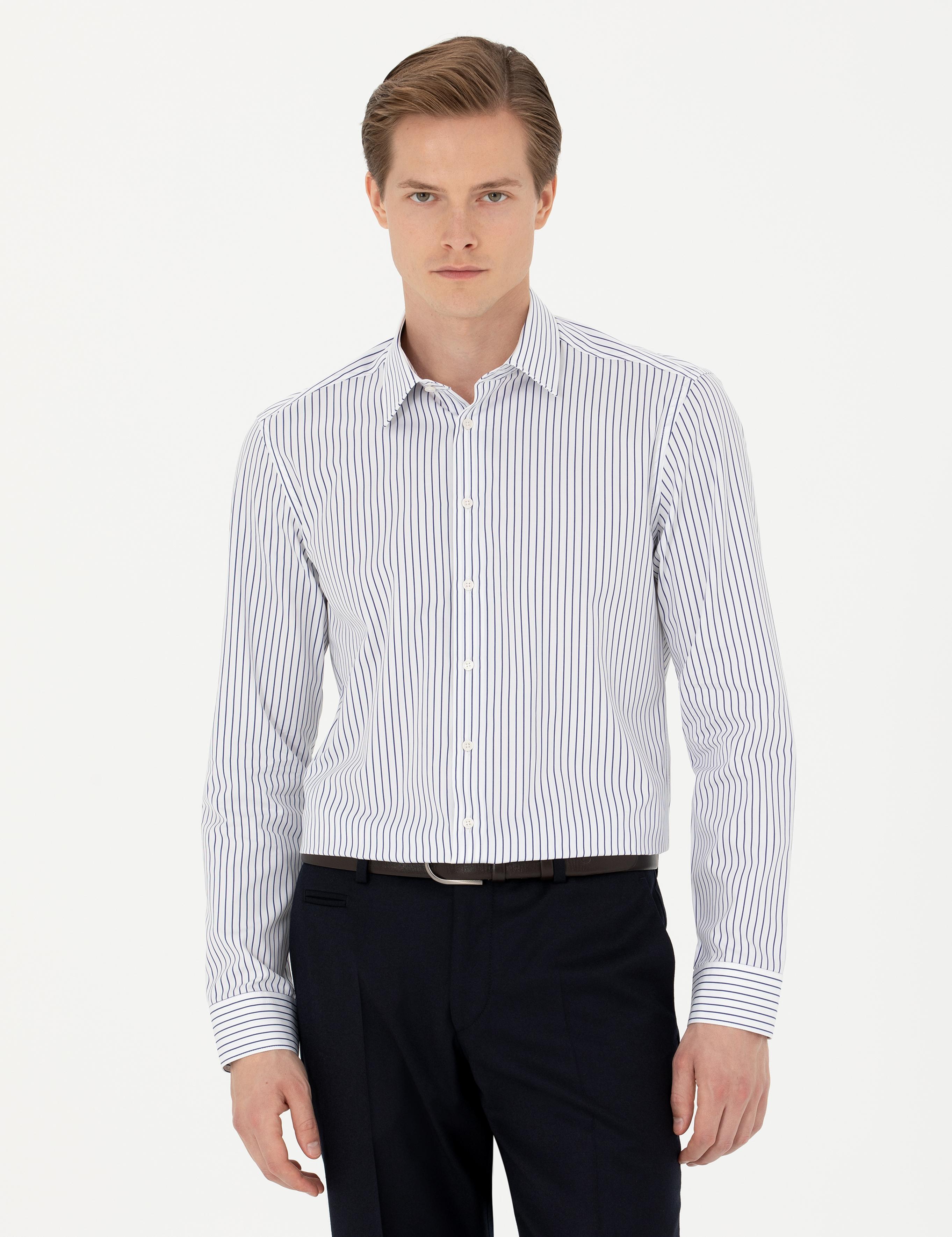 Lacivert Slim Fit Uzun Kollu Çizgili Gömlek - 50272947132