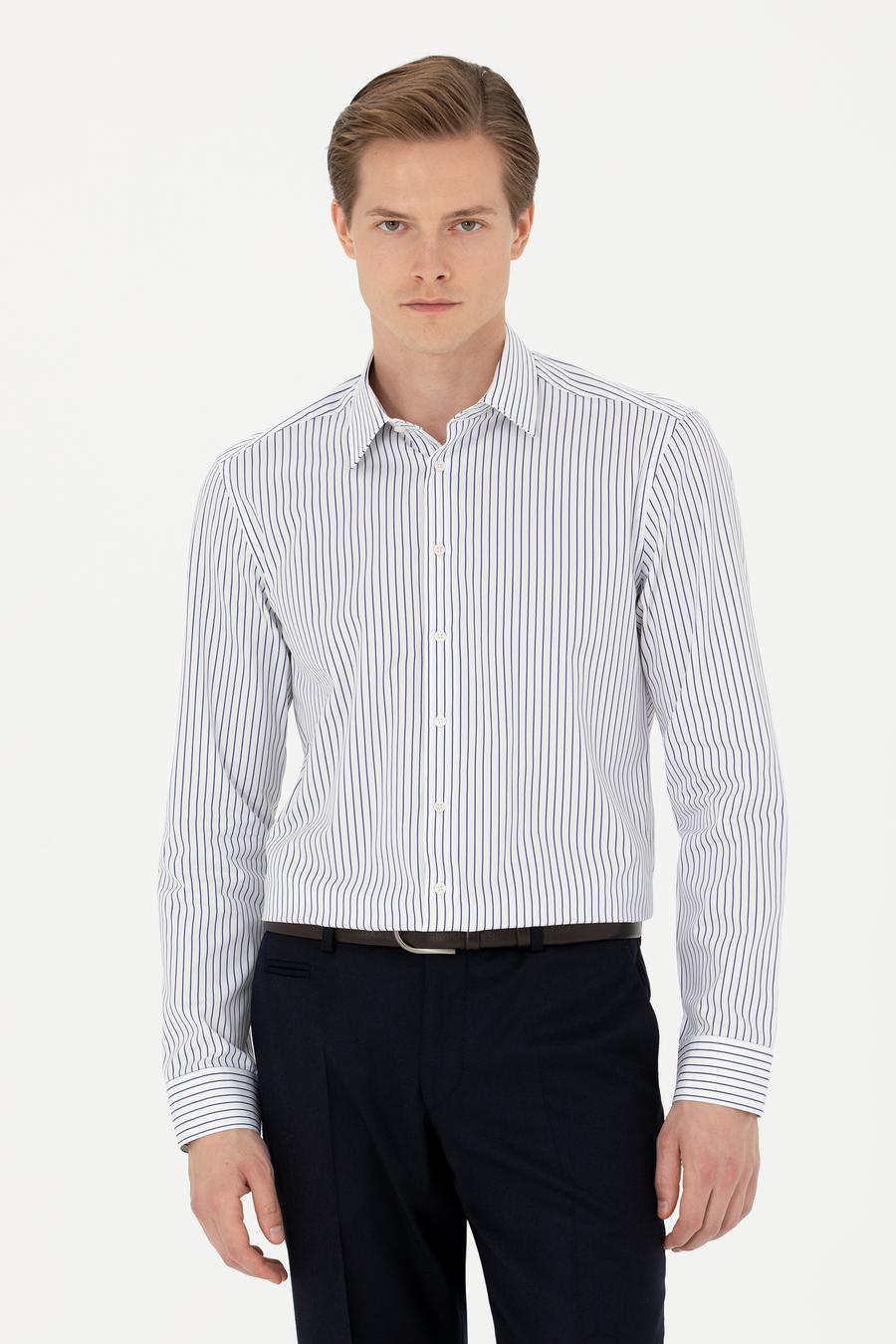 Lacivert Slim Fit Uzun Kollu Çizgili Gömlek - 50272947132