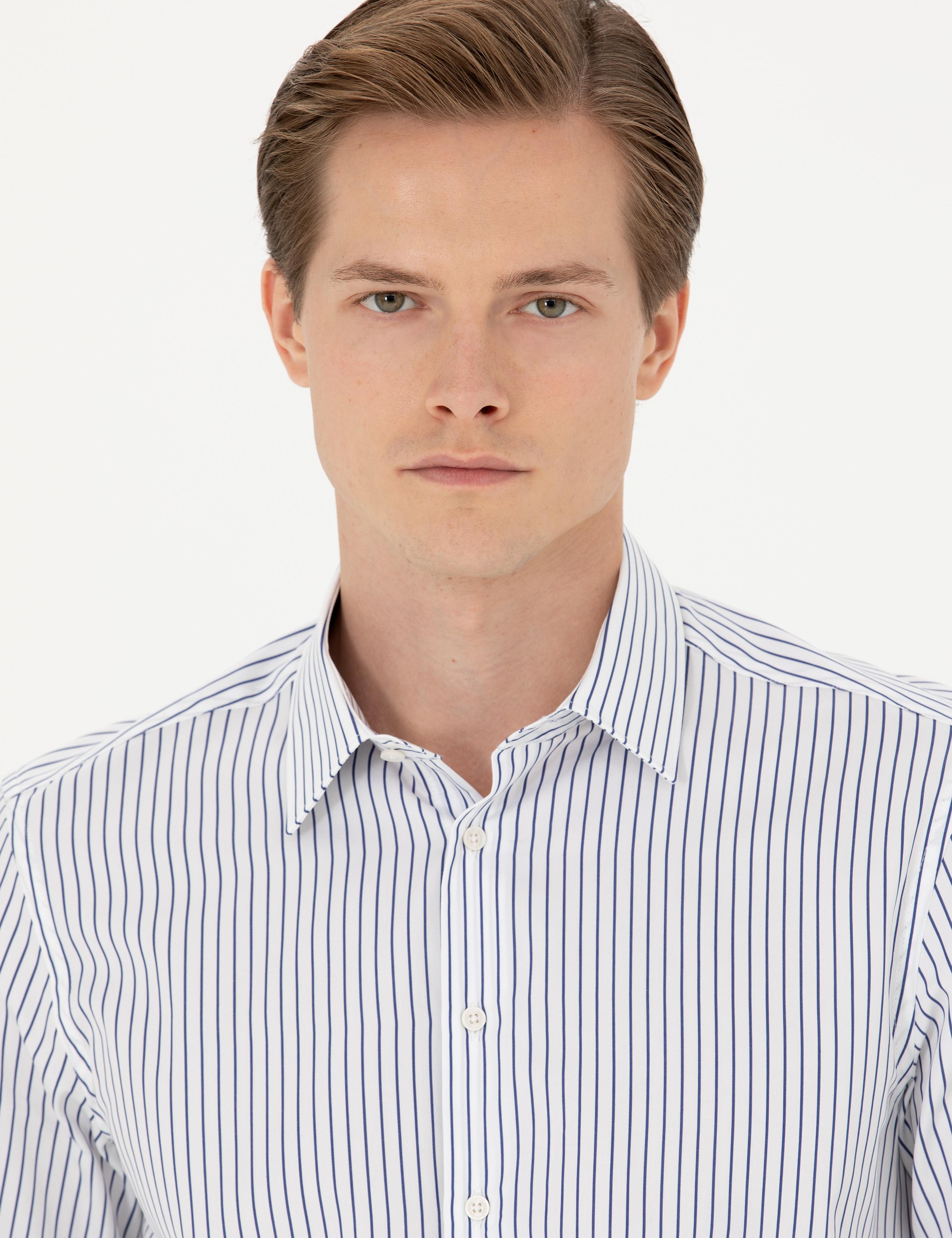 Lacivert Slim Fit Uzun Kollu Çizgili Gömlek - 50272947132