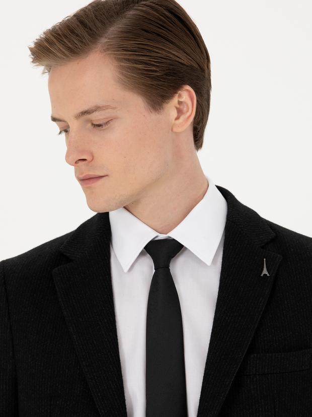 Siyah Slim Fit Yün Karışımlı Klasik Ceket